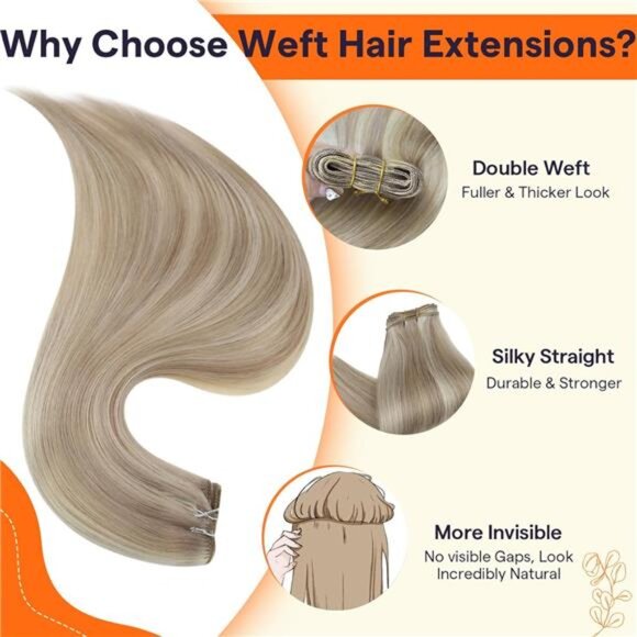 Full Shine Weft Hair Extensions Ash Blonde Hair Wefts Human Hair Sew in Blonde - Picture 10 of 16